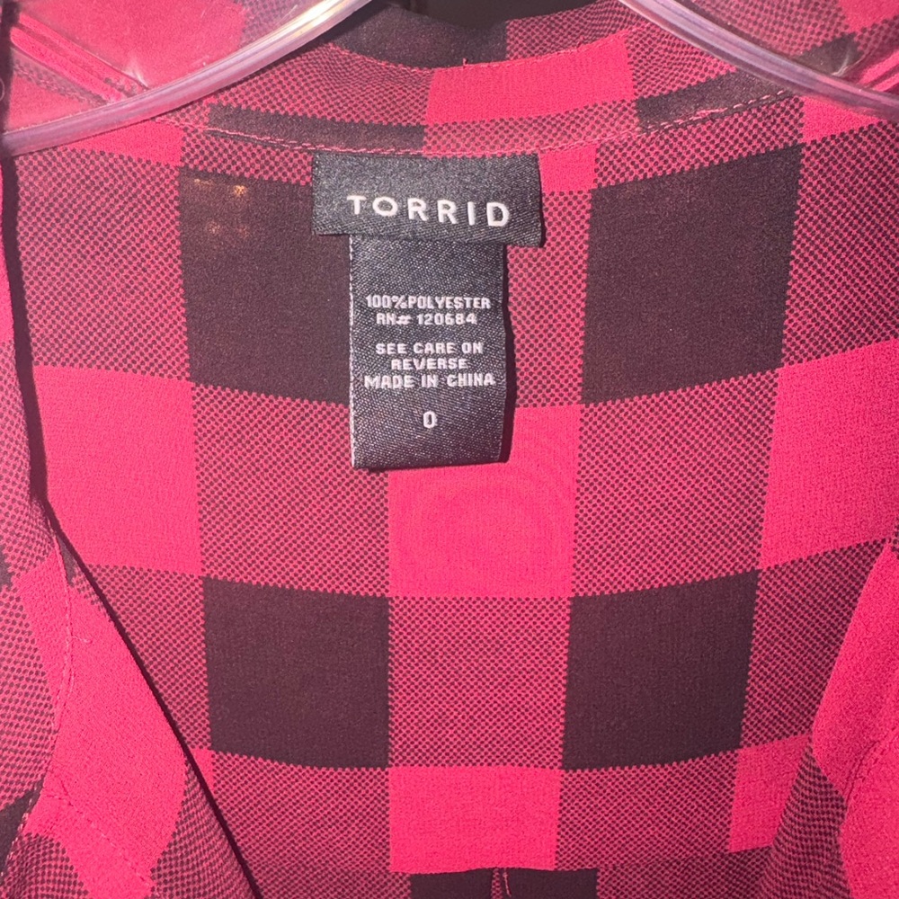 Torrid 0(12/L) Buffalo Plaid Tunic, Chiffon, Red/Black, EUC - Picture 3 of 6